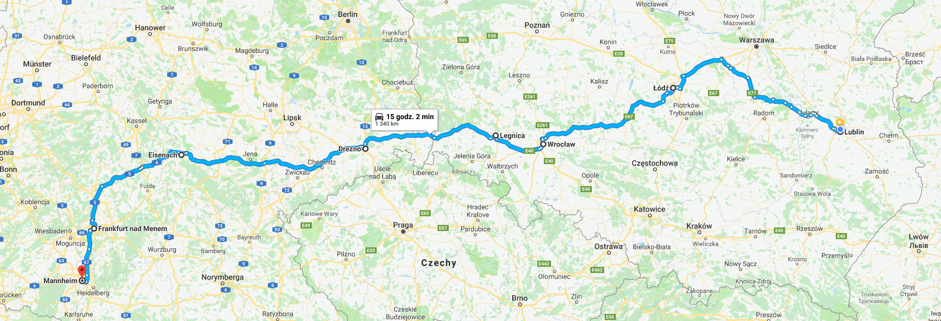 Przebieg trasy Lublin – Mannheim przez Puławy, Kielce i Częstochowę